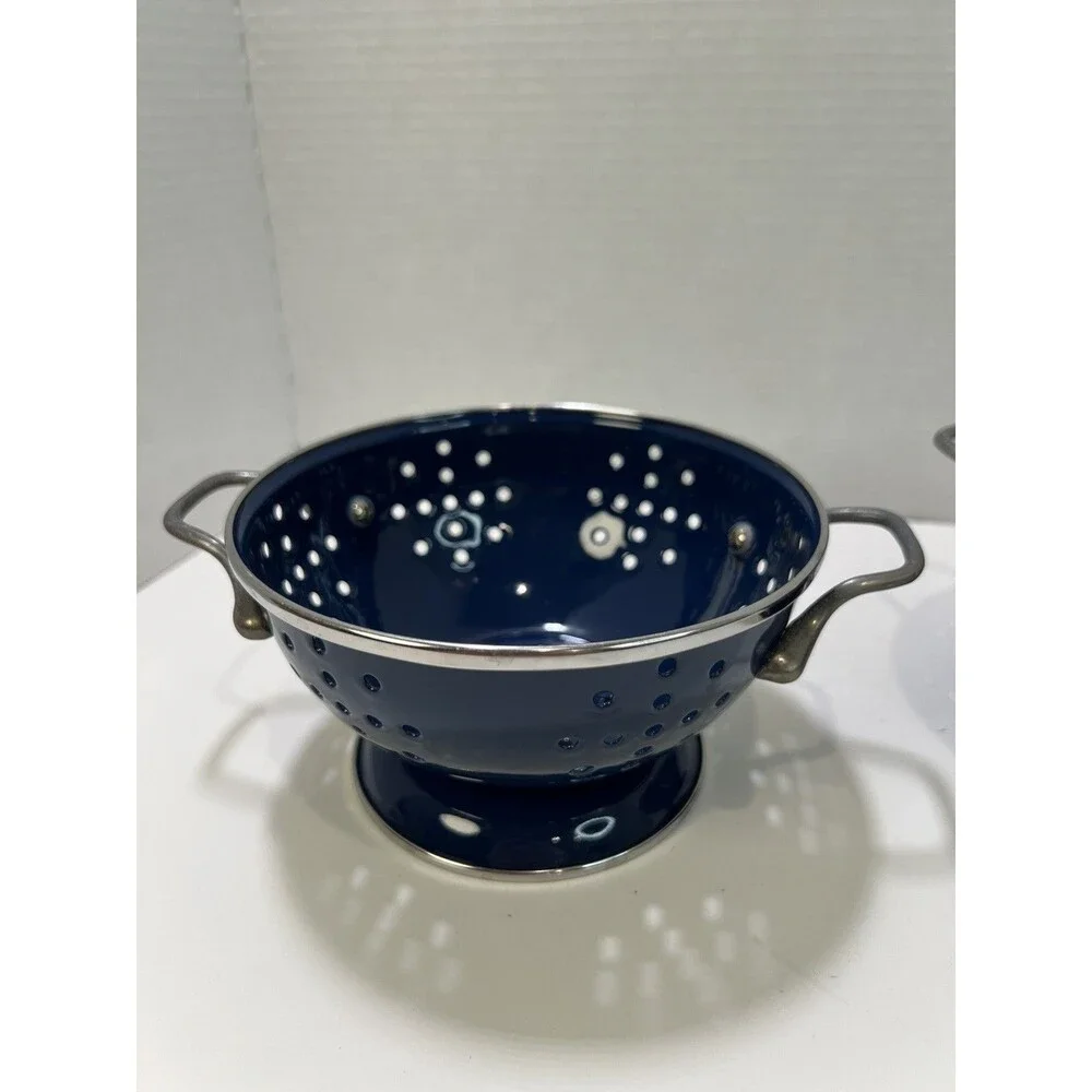 Cobalt Blue Enamel Colander Strainer With Handles Vintage Small 6 3/8”D 3 3/4”T